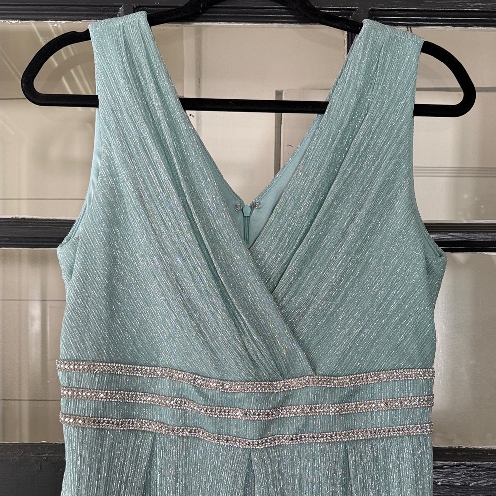 R&M Richards Shimmering Aqua Sleeveless V-Neck Evening Dress